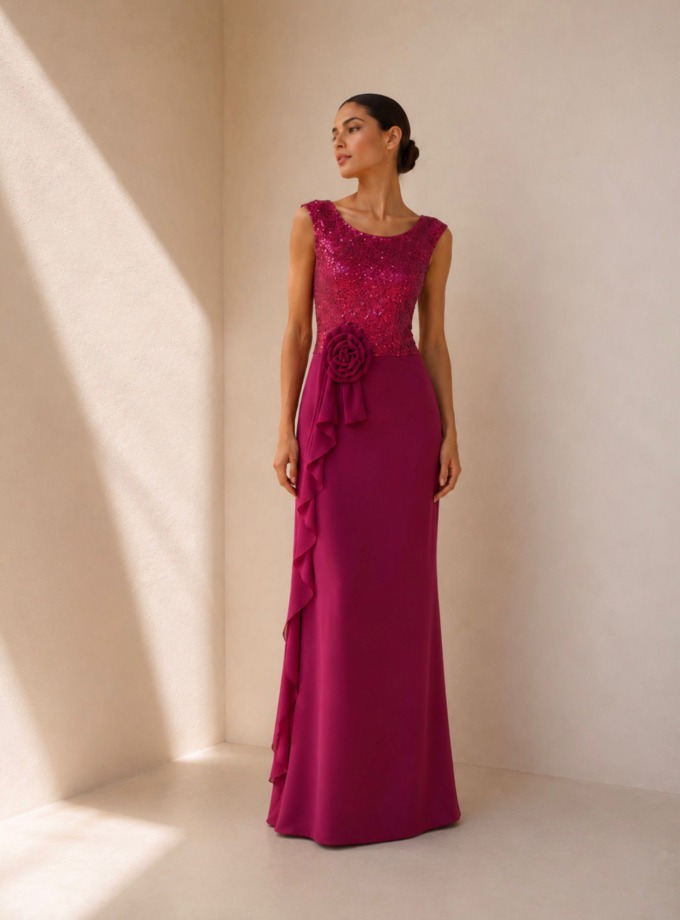 Vestido largo fucsia con lentejuelas en el cuerpo y roseton en cintura, escote de barco y manga caida