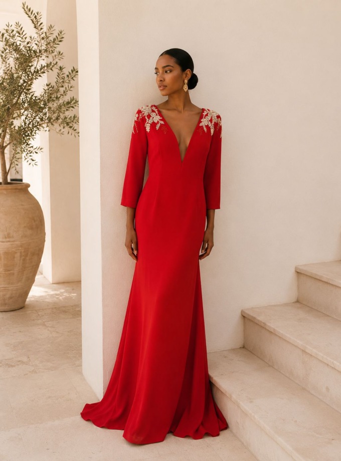 Vestido largo sirena con escote de pico en color rojo y en malva, manga francesa